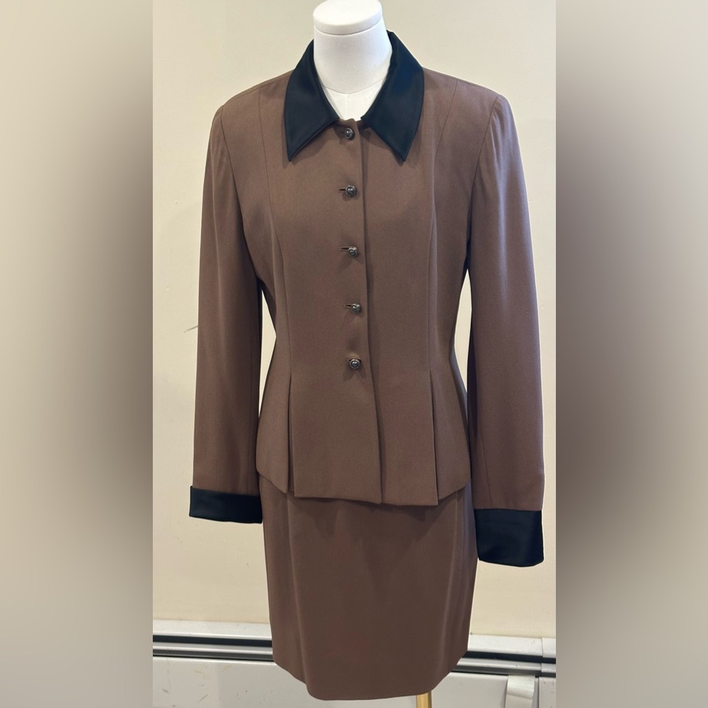 Saville Suit Brown Midi Skirt & Matching Jacket Set Sleeves Collar R Satin Sz 6